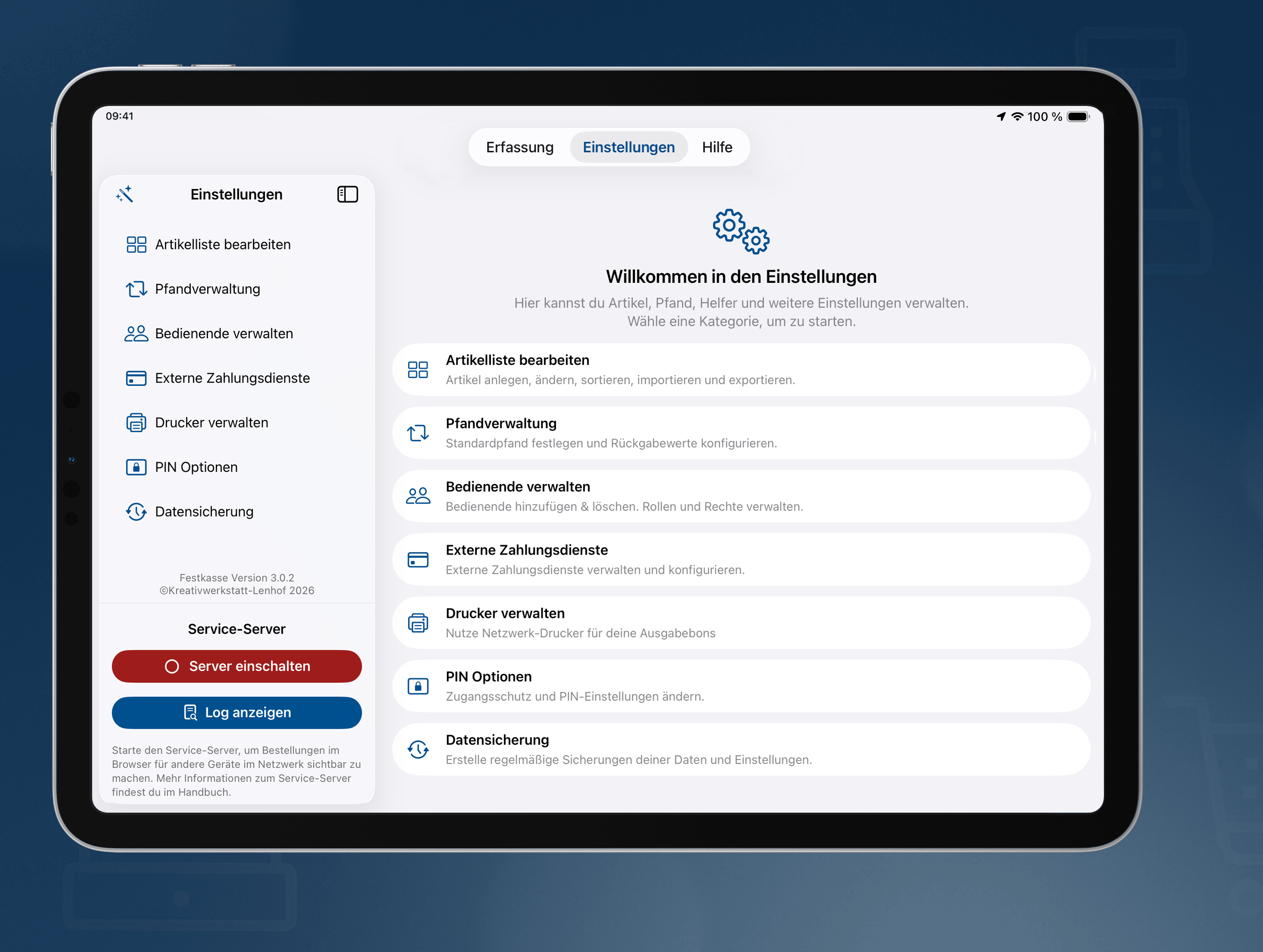 Einstellungsmenü der Festkasse App mit individuellen Optionen