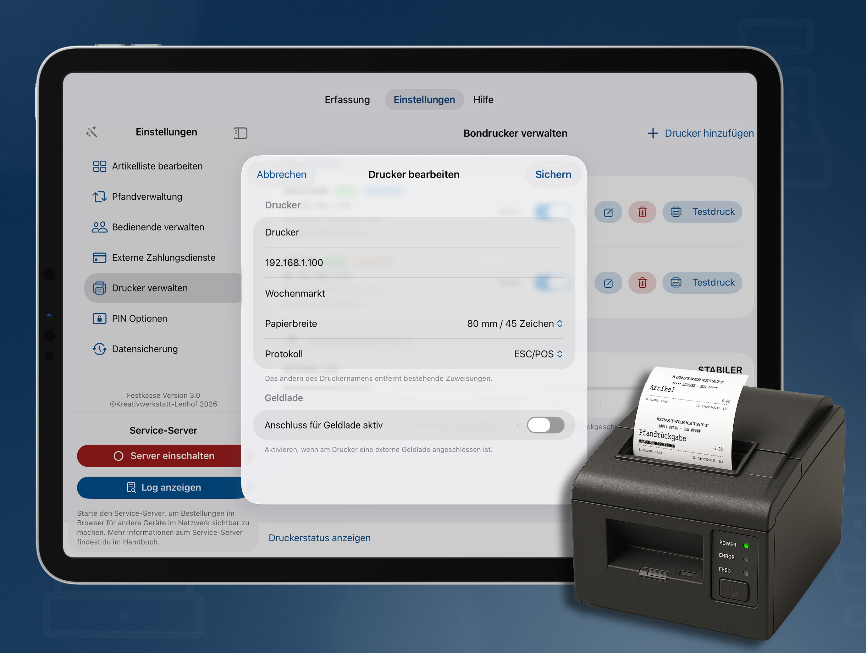 Druck von Bon mit Netzwerkdrucker in der Festkasse App