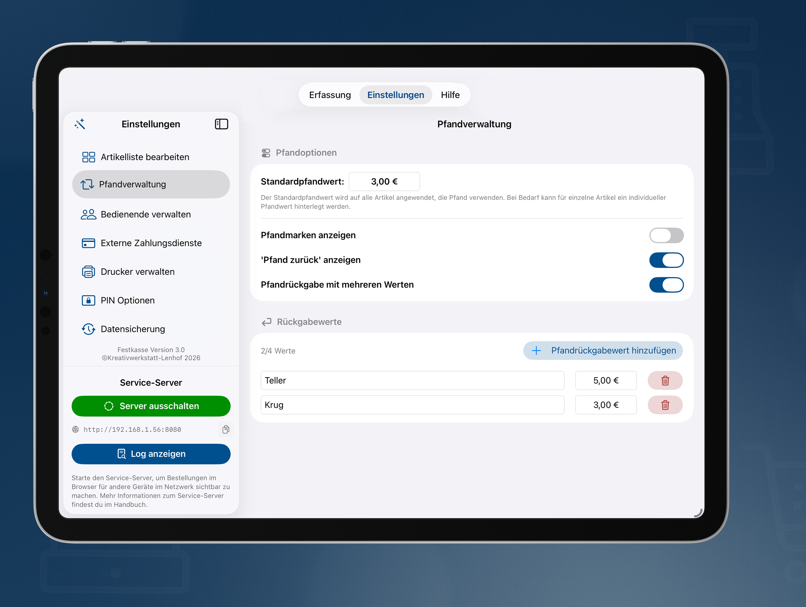 Pfandübersicht zur Nachverfolgung von Pfandbewegungen in der Festkasse App