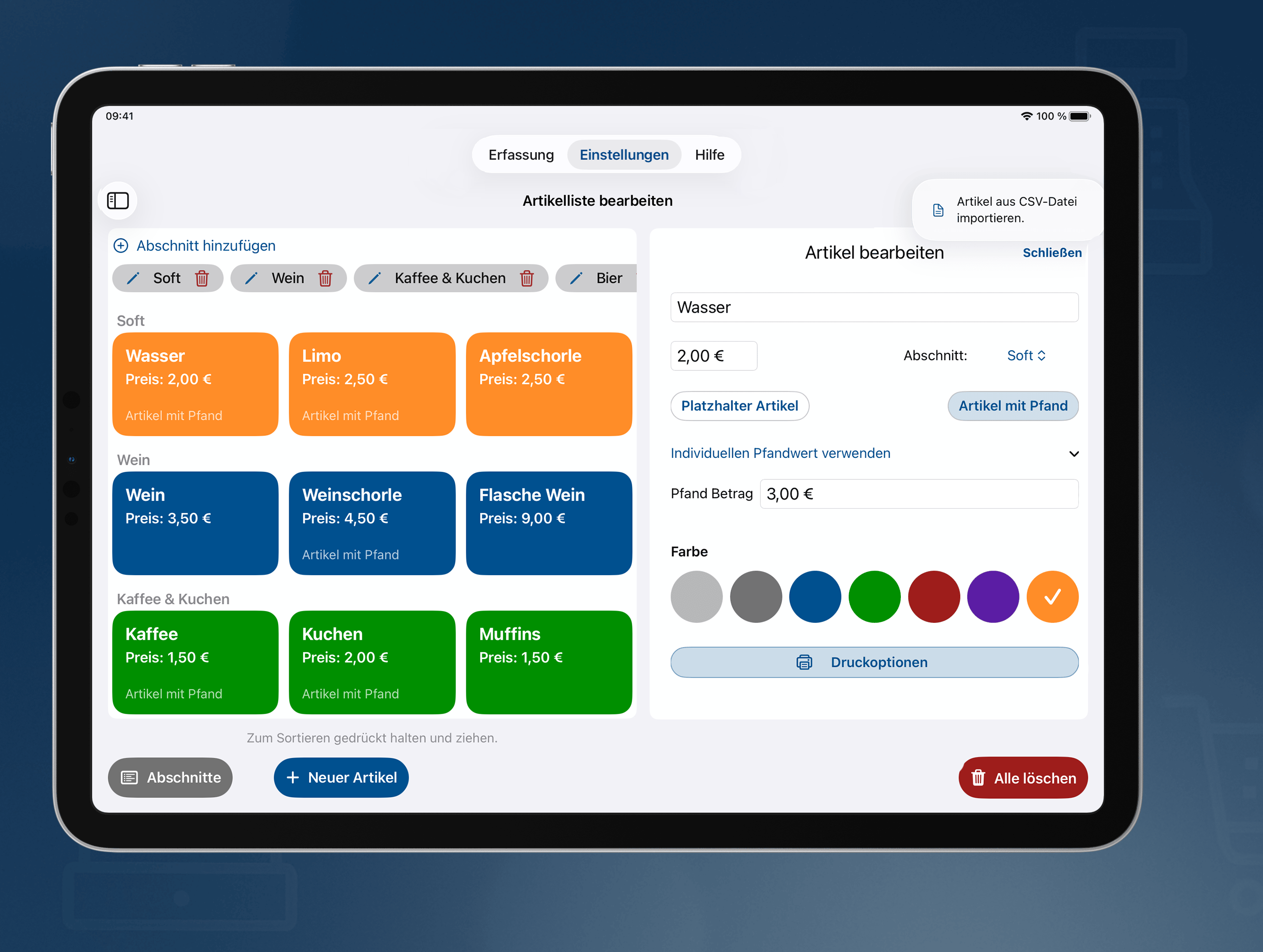 Verwaltung und Bearbeitung von Artikeln und Preisen in der Festkasse App