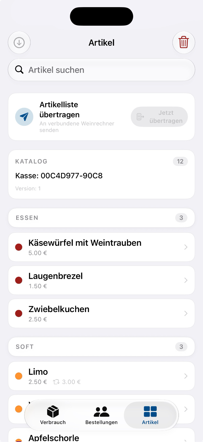 Artikel-Tab mit Katalog, Sektionen, Preisen und Übertragen-Button