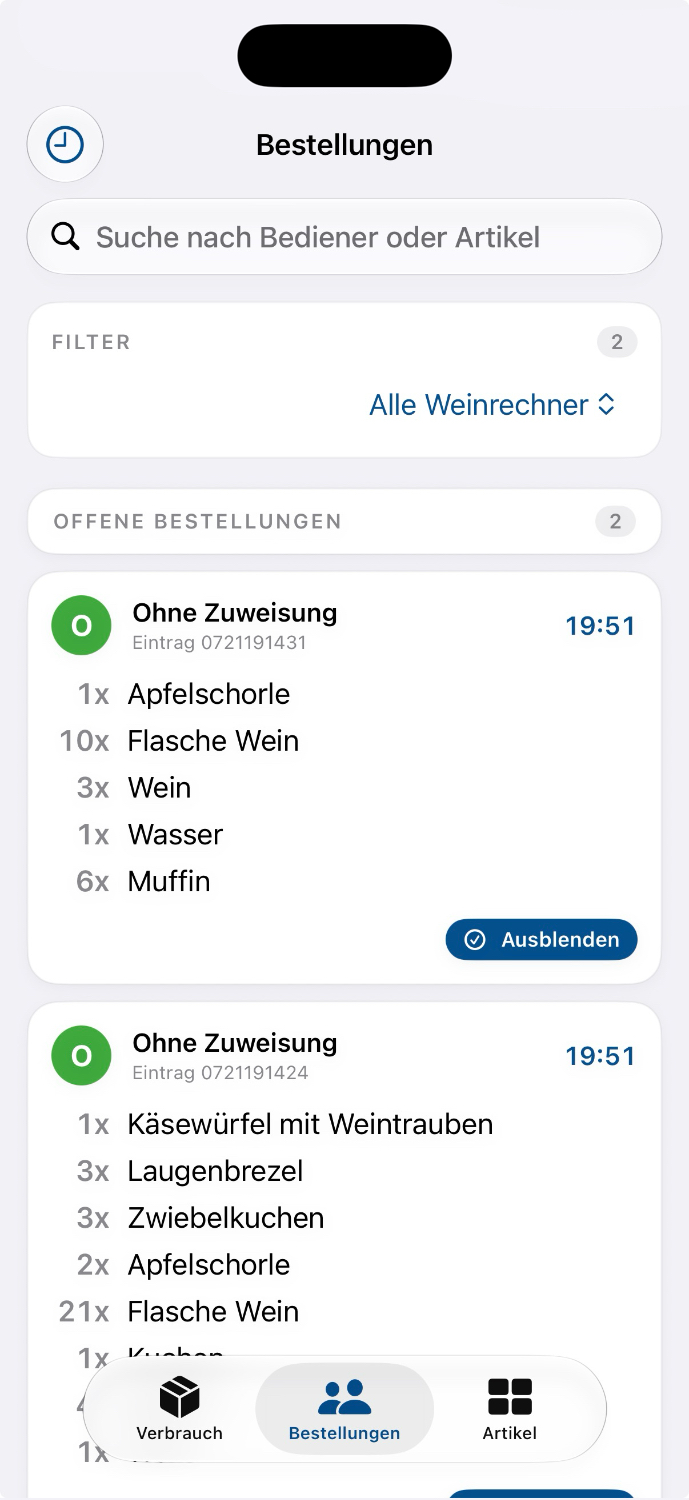 Bestellungen-Tab mit offenen Bestellungen, Tisch, Artikeln und Notiz