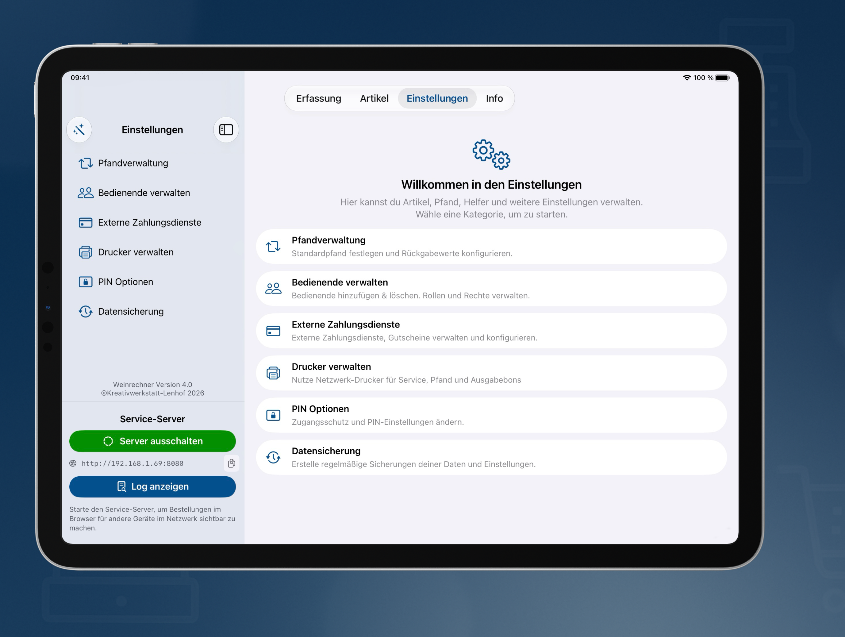 Einstellungsmenü der Weinrechner App mit individuellen Optionen