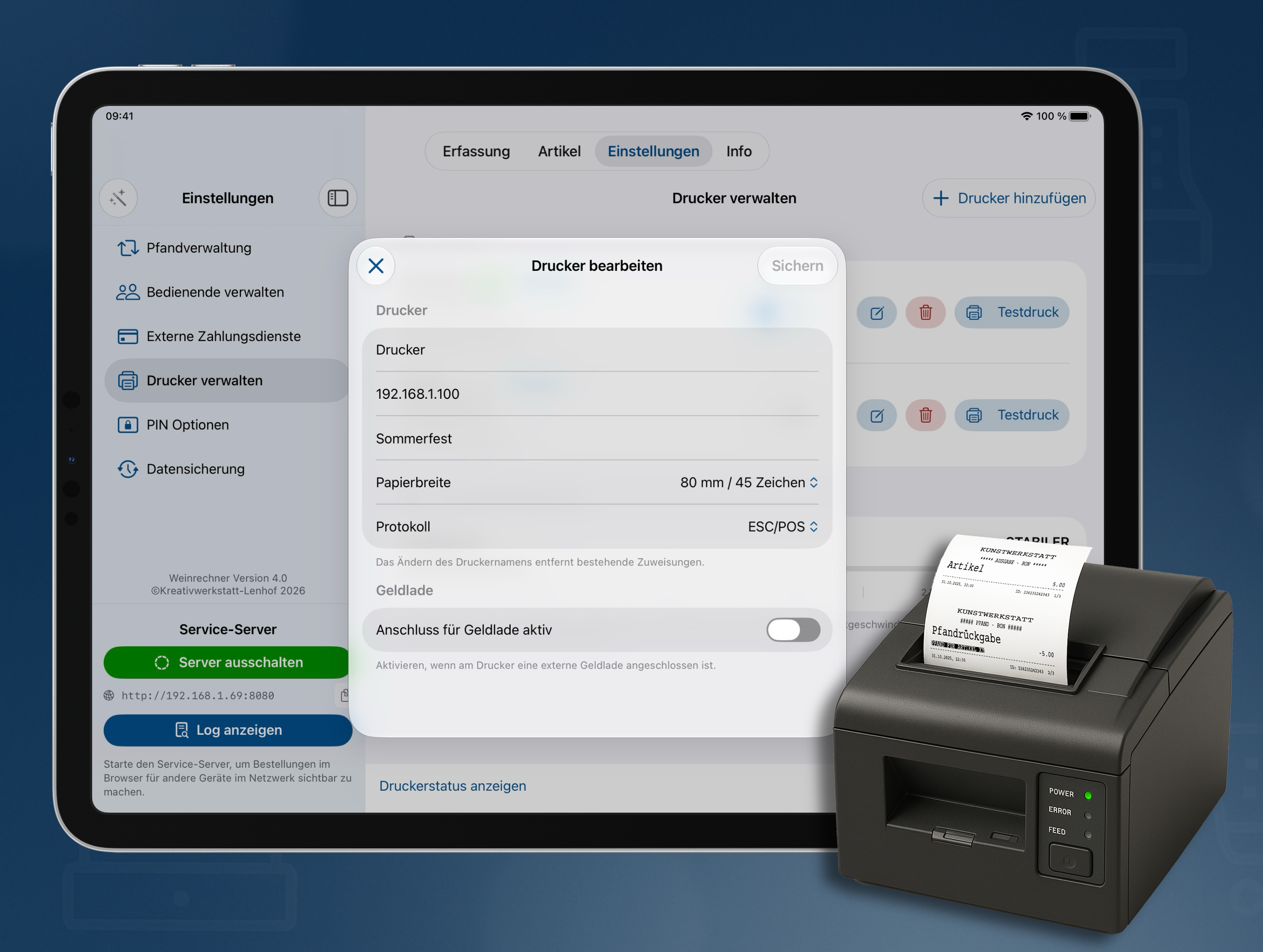 Druck von Bon mit Netzwerkdrucker in der Weinrechner App