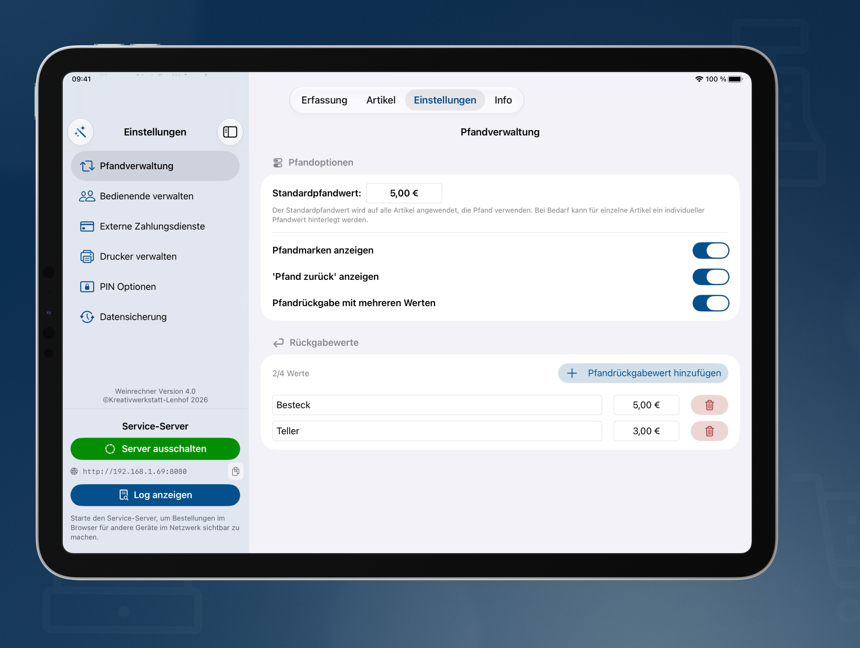 Pfandübersicht zur Nachverfolgung von Pfandbewegungen in der Weinrechner App